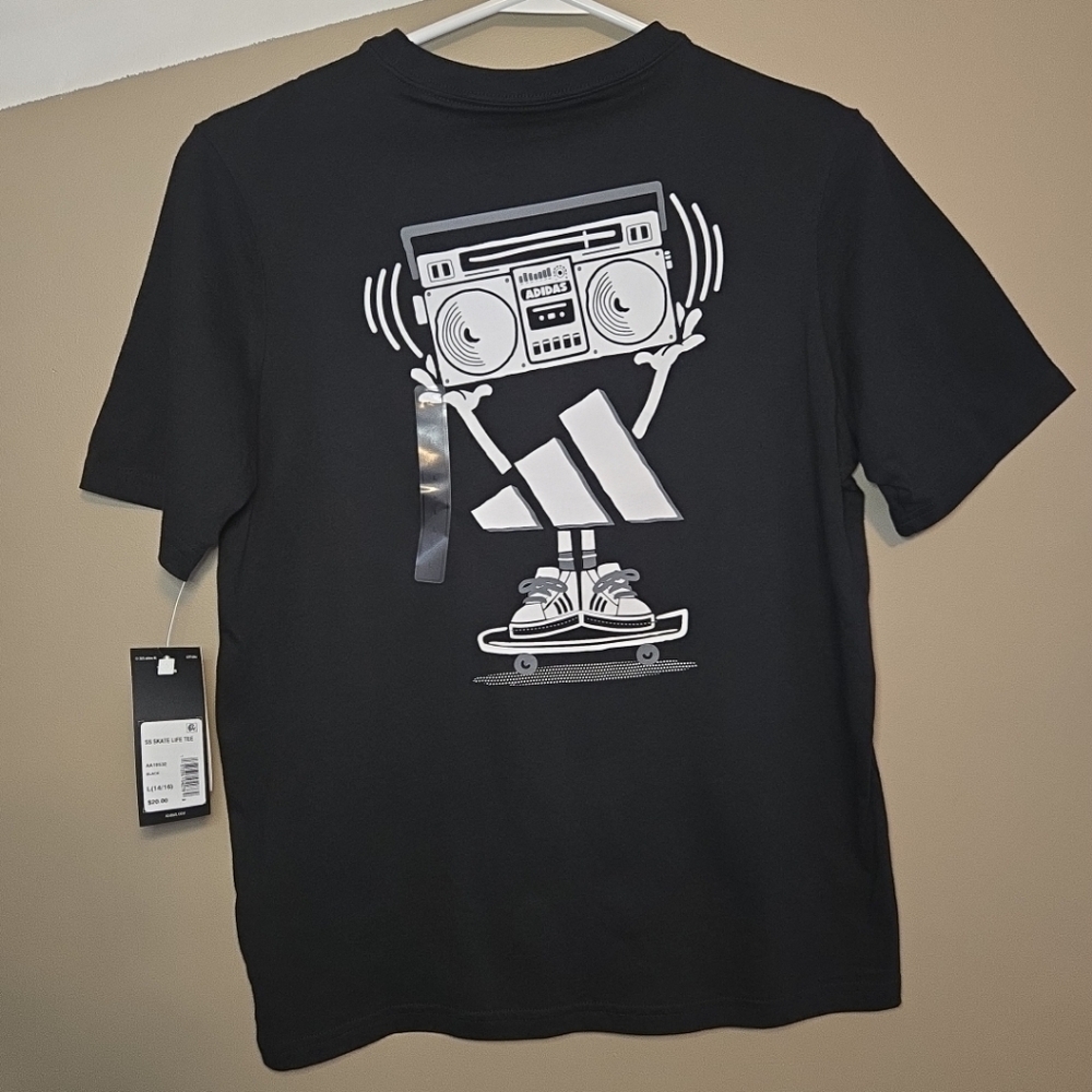 Adidas Kids' Boombox Skateboarding Graphic Tee Black And White Size Large 14-16